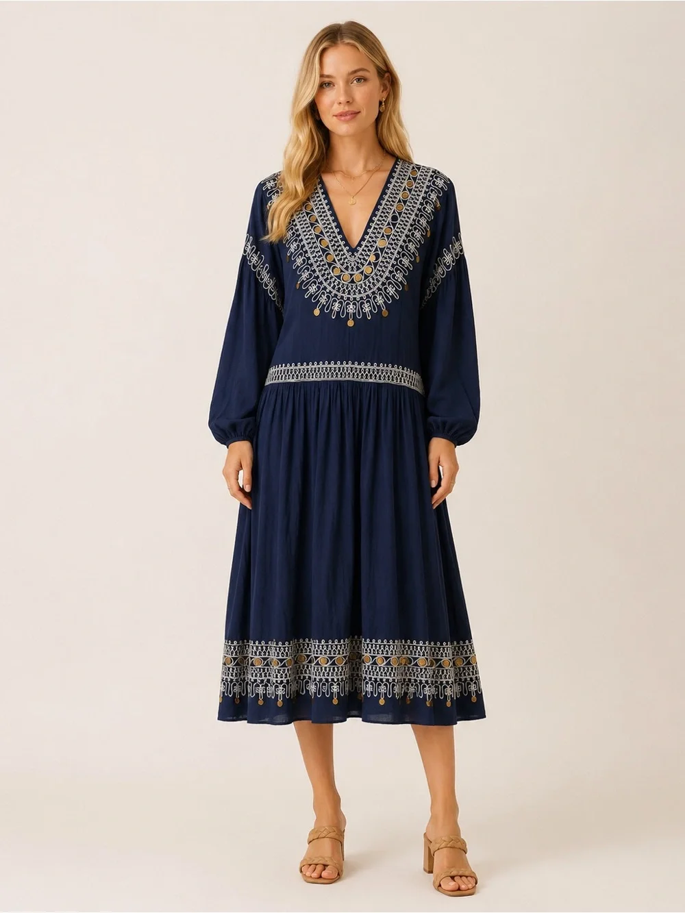 NWT! Tory Burch Navy Sea Embroidered Cotton Voile Maxi Dress Size 4 25675